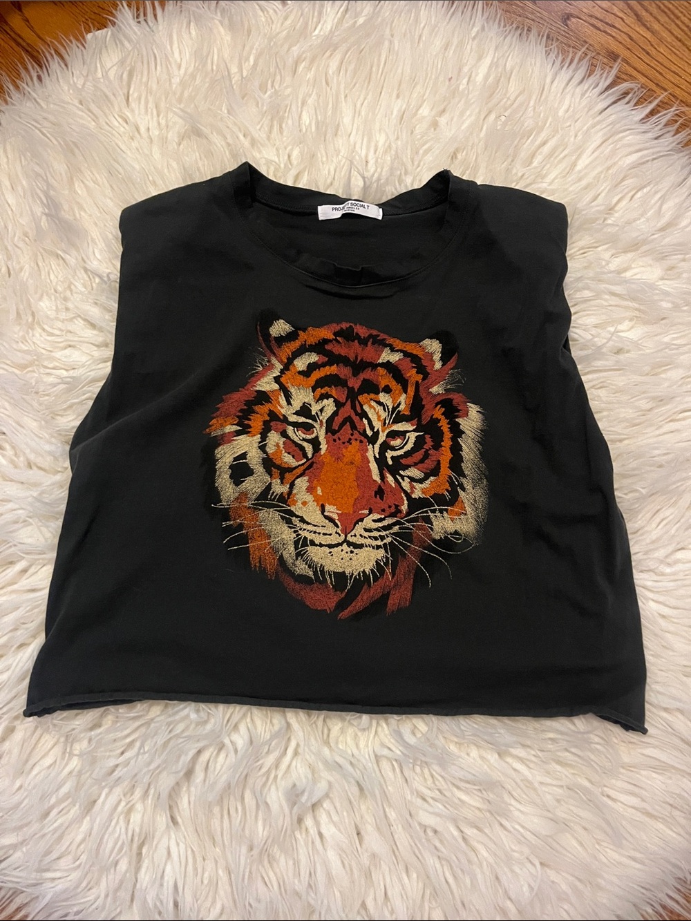 Project Social T Women’s Black Muscle Tee with Orange Tiger Graphic Size Medium